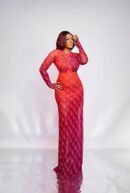 Model in the ADVIKA red twisted front floor-length mesh dress with the Plum & Grey monogram