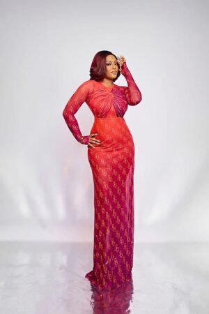 Model in the ADVIKA red twisted front floor-length mesh dress with the Plum & Grey monogram