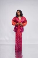 Model in the LANA pink and orange organza jacket with the Plum & Grey monogram